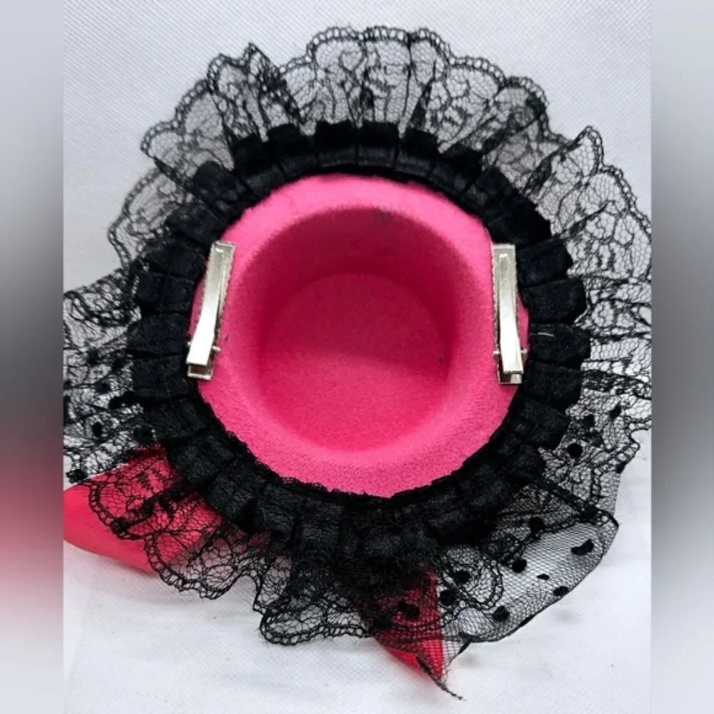 Pink Mini Top Hat Fascinator Lace Feather Derby Tea Party Costume